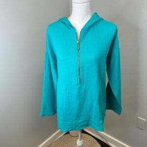 Soft Surroundings 100% Cotton Kemia Gauze Hoodie in Porcelain Blue Size Small